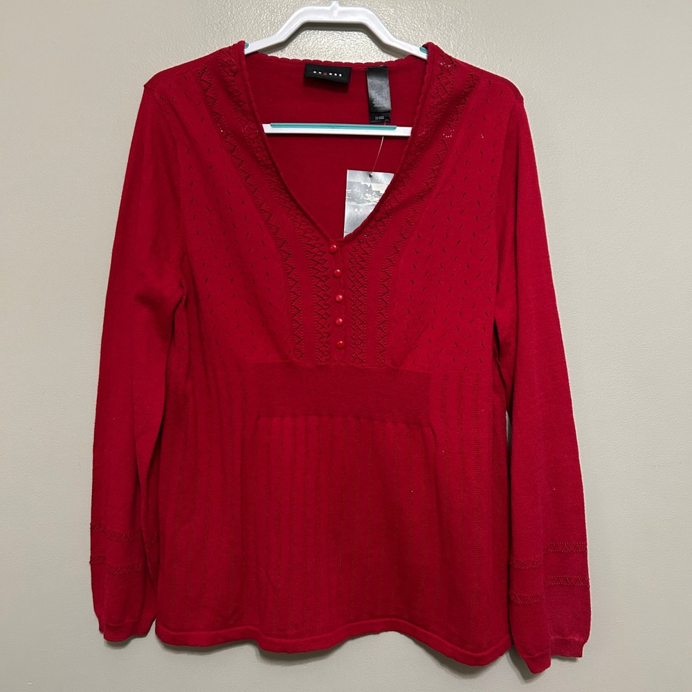 Axcess Sweater Women XL Grenadine Red NWT Pointelle V-Neck Cotton Coquette Chic